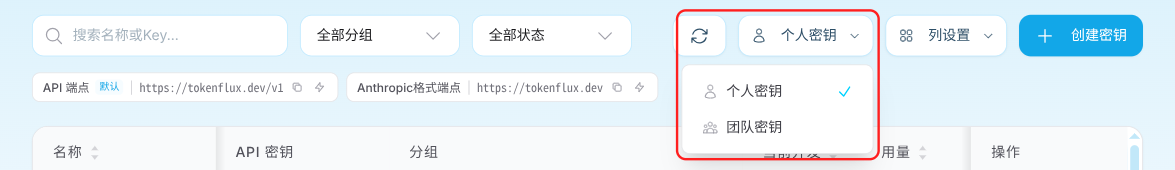 Modelink API 密钥页面右上角的作用域下拉菜单，可选个人密钥或团队密钥